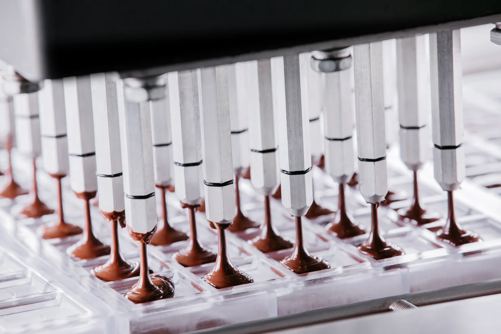 Chocolate being deposited into moulds